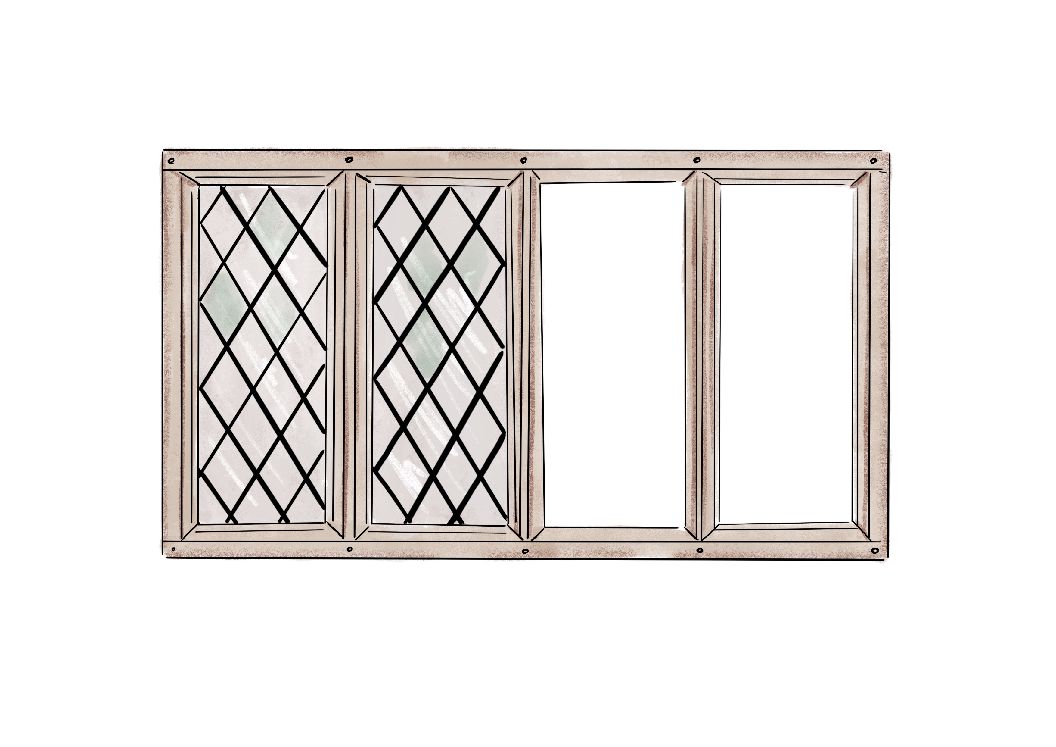 Heavy oak frame used until late 17th century in domestic work and until the late 18th century in agricultural buildings. Window frames sometimes in brick or rendered.
