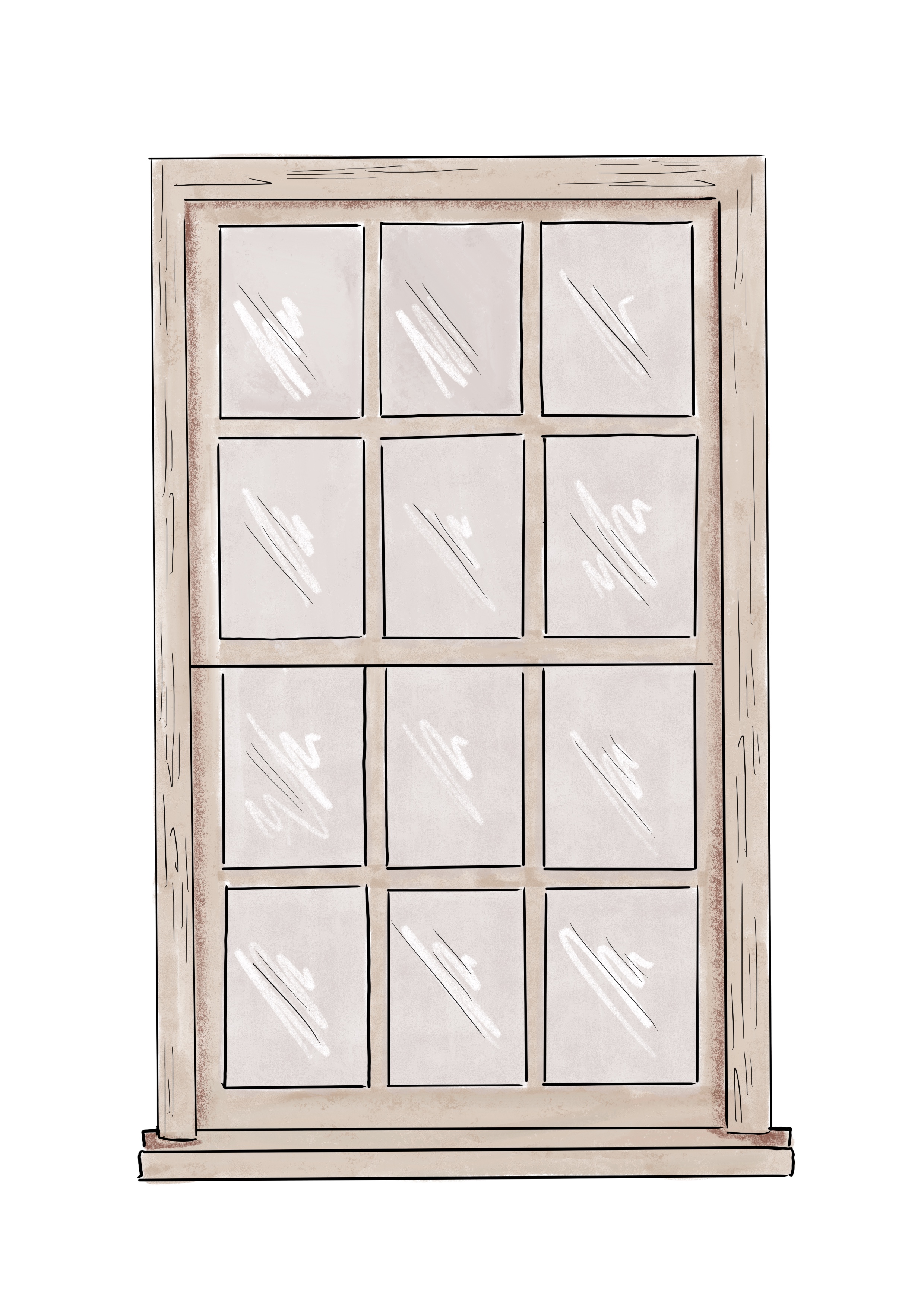 The twelve pane double hung sash window. Early examples often have heavy glazing bars. About 1690-1850 sash windows were produced without 'horns'.