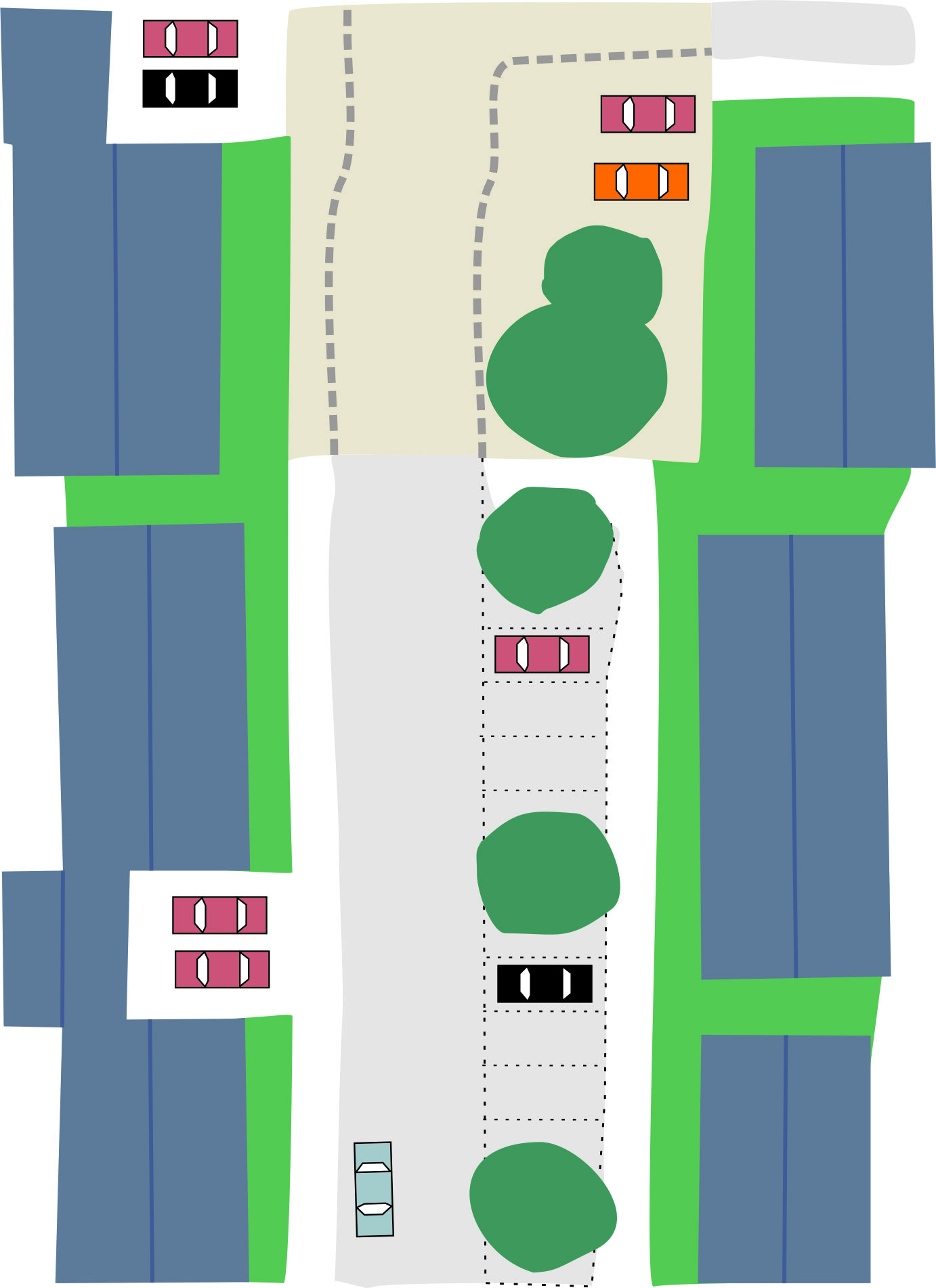 Sensitive parking utilising either set back frontages and garaging or on-street with landscaping and trees.