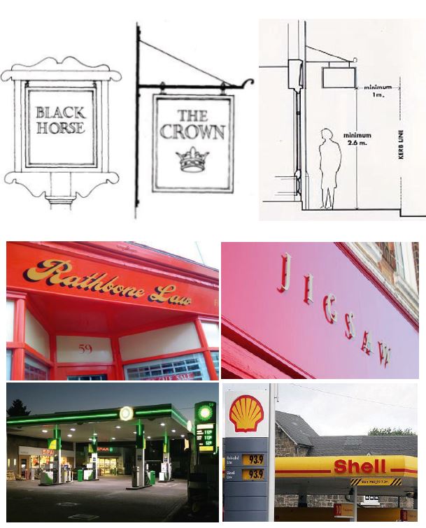 Example hanging signs, fascia advertisement and large scale garage totem and signage