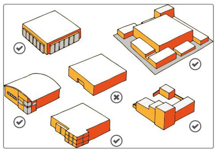 The examples above illustrate how larger commercial units can be broken up to avoid monolithic forms of development.